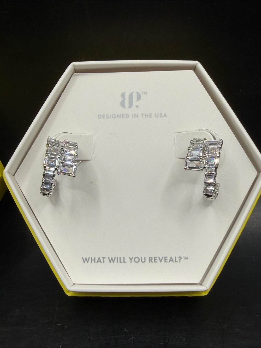 Bomb Party Baguette Crystal Geometric Hoop / J-Hoop Earrings